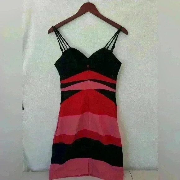 XOXO Colorblock Dress Orange Pink Sheer Panels Stretch Size M - Picture 2 of 15